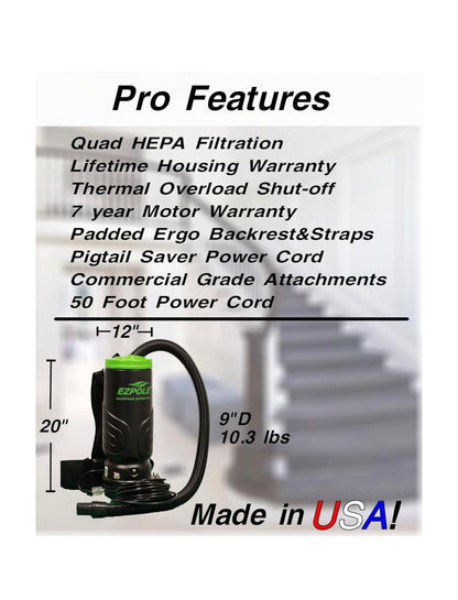 Commercial HEPA 4- Stage Filtration Backpack Vacuum