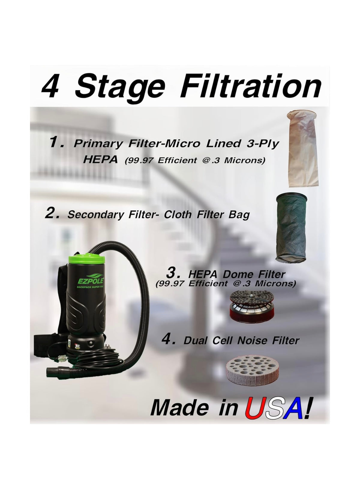 Commercial HEPA 4- Stage Filtration Backpack Vacuum