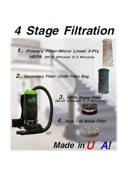 Commercial HEPA 4- Stage Filtration Backpack Vacuum